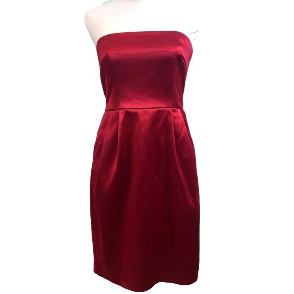 Express Strapless Satin Sheath Dress in Deep Red